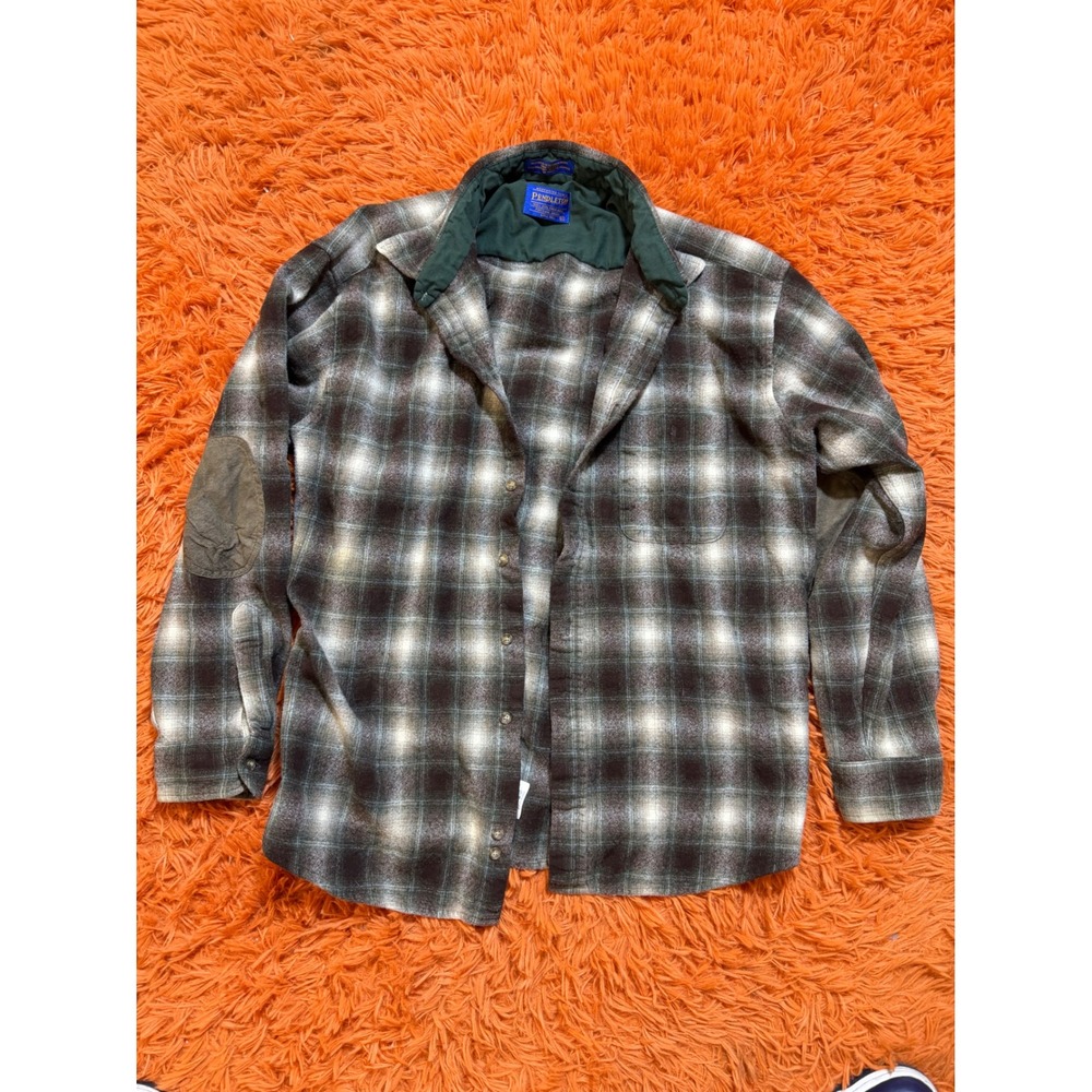 Pendleton Wool Flannel Shirt Mens XL Brown Plaid Elbow Patches Machine Washable